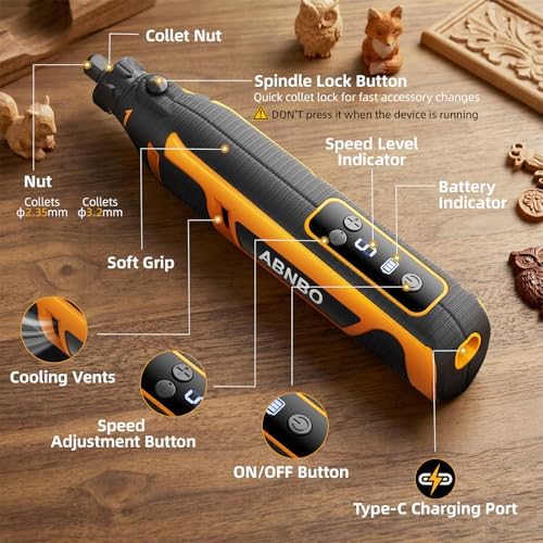 Mini Cordless Rotary Tool,5-Speed 30000RPM,Power Rotary Tool Kit 4V Type-C Charging with Digital Display, 100 Accessories for Sanding,Polishing,Engraving,Carving, DIY Crafts (Yellow)