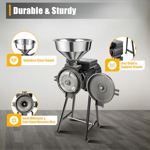Electric Mill Grinder, 1500W Grain Milling Machine, 110V1400r/m Commercial 9.64Inch Stud Length 5.9Inches Cast Steel Abrasive Disc Dry Items Grinding w/Stainless Steel Funnel, Capacitor Box, Black