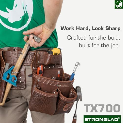STRONGLAD Premium Embossed Top-Grain Leather, Carpenter Tool Belt - 21-Pocket Framing Tool Belt, Brown-Red Construction Gear with Stainless Steel Hardware