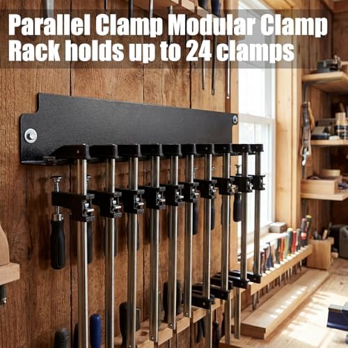 LEIFIDE 2 Pack Parallel Clamp Rack Black Help to Store Heavy Duty Clamps 24'' Long Stainless Steel Clamp Holder Pre-Drilled 16 inch on Center for Mounting to Wall Stud Workshop Organizer and Storage