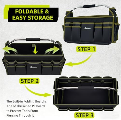 22in Tool Bags For Men Heavy Duty, 33 PCS Pockets Tool Bag Organizer Foldable Open Top Tool Bag With Handle, Wide Mouth Electrician Tool Tote, Green