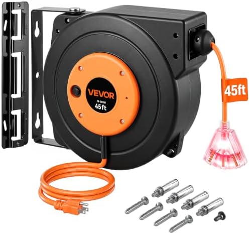 VEVOR Retractable Extension Cord Reel 45 FT 12AWG/3C SJTOW Cord Heavy Duty