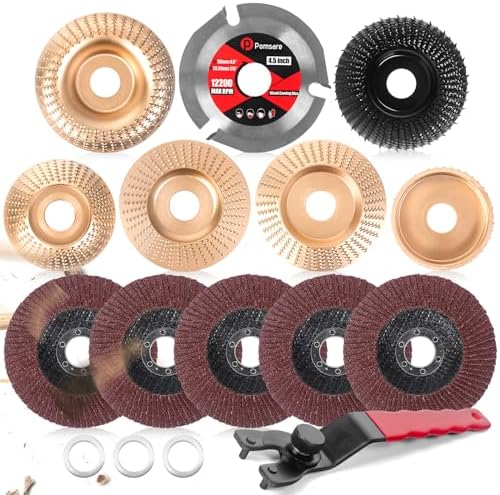 Pomsare 13PCS Angle Grinder Polishing Pad Sanding Disc, Wood Carving Disc Set for 4 1/2 Angle Grinder Attachments, Tungsten Carbide Cutting Wheel Stump Grinder for Wood Grinding, Shaping and Sanding
