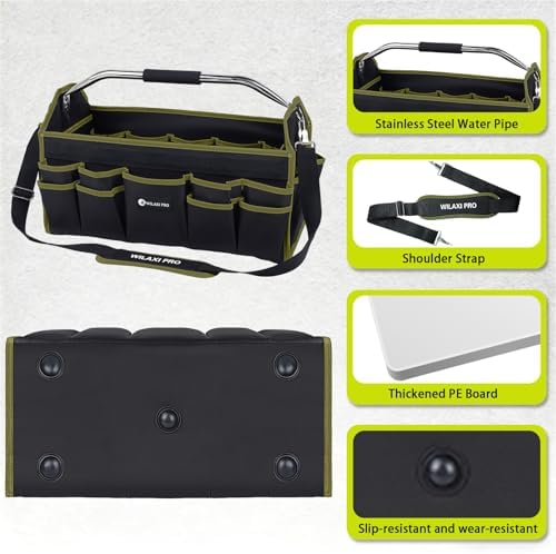 20in Foldable Open Top Tool Bags For Men Heavy Duty, Tool Carrier hard With Handle, Wide Mouth Electrician Tool Tote, Many Pockets Can Hold Many Tool, Green