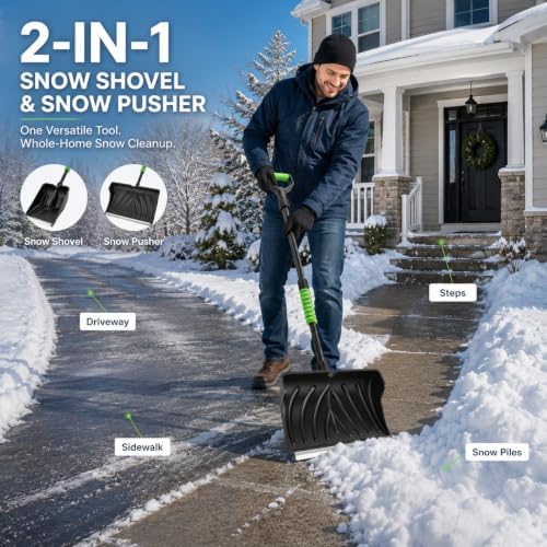 DMJN 2-in-1 Snow Pusher & Snow Shovel for Driveways and Sidewalks, Wide Snow Removal Shovel for Fast Clearing, Push and Scoop Snow Tool for Steps, Walkways, Garage and Outdoor Winter Use