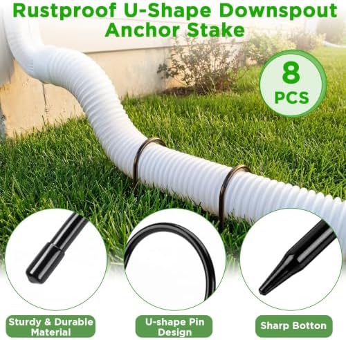 Zhengmy 8 Pcs Rain Gutter Downspout Extension Fixing Pin Downspout Ground Stake Holds Extensions Secure in Wind and Rain, Iron Fits 4" Round Pipes, Easy No Drill Installation