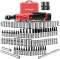 AOBEN Cordless Electric Ratchet Wrench with 83pc 1/4" to 3/8" impact sockets set,12V Electric Wrench with Variable Speed,3/8" to 1/4" Adapter, 3" Extension Bar