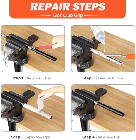 Golf Club Regripping Kit with Bench Vise – Complete Grip Repair & Replacement Set with Rubber Clamp, Solvent, Tape Strips & Tools for Golf Club Grip Installation, Home & Workshop DIY