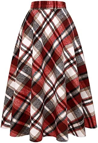 IDEALSANXUN Womens Plaid Wool Skirts Elastic Waist A-Line Pleated Tartan Long Skirts