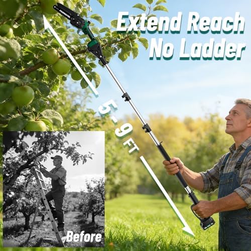 2-in-1 Pole Saws for Tree Trimming, Mini Chainsaw Cordless 6 Inch with 15 FT Max Reach, Electric Pole Saw with 2*21V Battery, Auto-Oil Brushless Branch Cutter for Tree Trimmer Pole Saw Green
