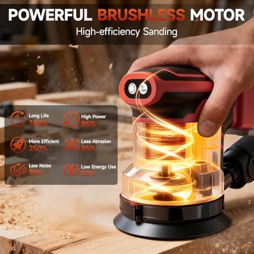 Cordless Sander Compatible with Milwaukee 18V Battery, Random Orbit Sanders 5 Inch Brushless with 6 Variable Speed 9700-19000RPM, 20PCS Sanding Discs & Dust Collector(No Battery)