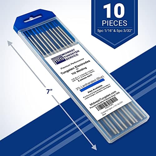 Midwest Tungsten Service TIG Welding Tungsten Electrodes 10-Pack (Blue - 2% Lanthanated (WL20/EWLa-2), 5pc 1/16" & 5pc 3/32")