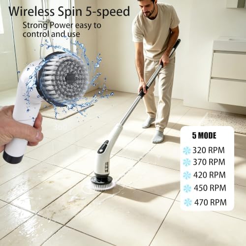 Electric Spin Scrubber for Bathroom Shower Scrubber with Long Handle 5 peeds 2Hrs Runtime 8 Brush Heads IPX7 Waterproof Kitchen Sink Bathroom Tile car Fish Tank