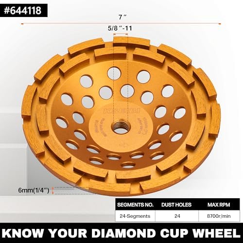 KSEIBI 644118 Diamond Concrete Grinding Wheel 7" x 5/8"-11 for Polishing and Cleaning Stone Concrete Surface, Cement, Marble, Rock, Granite, and Thinset Removing, Angle Grinder Wheels Cup