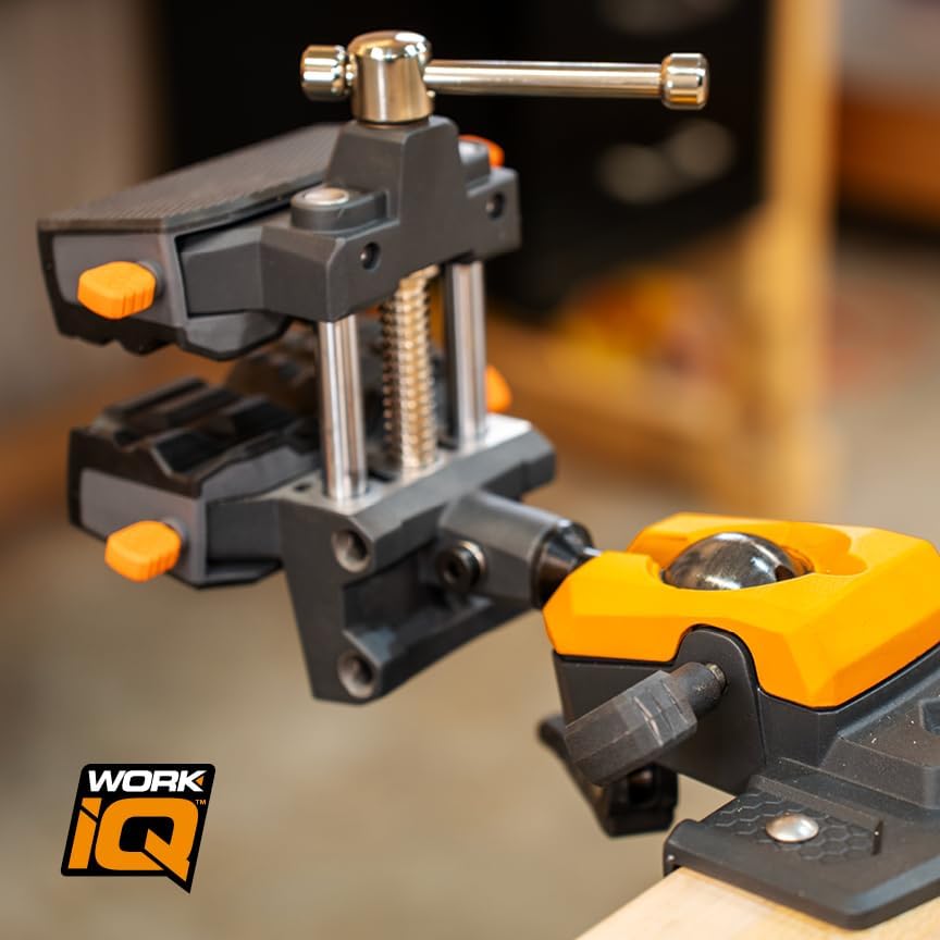 Work IQ Tools IQ Vise & IQ Connect | 360° Articulating Bench Vise & Hands-Free Accessory System with 3 Bench Mounts | Includes Vise Jaws, Magnifying Glass, Rechargeable Work Light & Cell Phone Holder