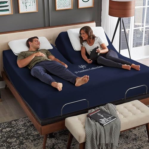 JS Sanders Collection 600TC Flex Top Queen Sheets for Sleep Number Bed - 100% Cotton 4 Pcs Top Split Queen Sheets for Adjustable Bed Queen 36 Inch Down Navy Blue -18 Inch Deep
