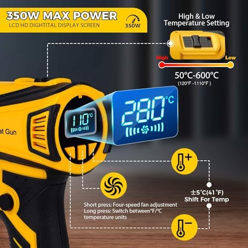 Cordless Heat Gun Compatible with Dewalt 20V Battery,Adjustable Temp 120℉–1110℉,LED Light,Portable Hot Air Gun LCD Digital Display & 4 Nozzles For Shrink Tubing (Tool Only, Not Made by Dewalt)
