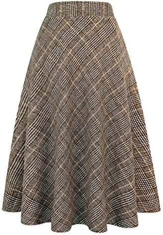 IDEALSANXUN Womens Plaid Wool Skirts Elastic Waist A-Line Pleated Tartan Long Skirts