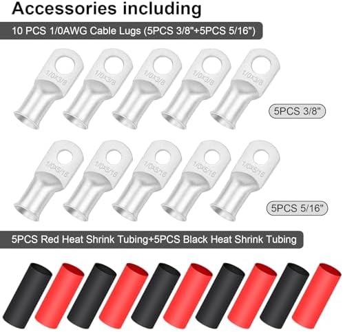 1/0 Gauge Wire,iGreely 1/0 AWG Copper Battery Welding Cable for Automotive Generator Solar,5pcs of 5/16"" & 5pcs 3/8"" Copper Lugs Terminal Connectors with Heat Shrink Tubing 20 Ft Black+20 Ft Red