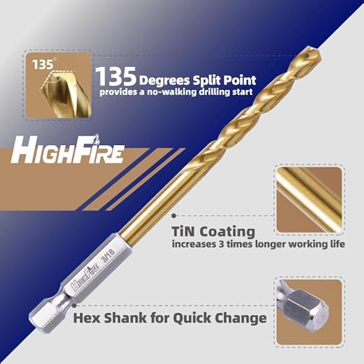 HIGHFIRE 3/16 Inch Twist Drill Bits - HSS Sharp Hex Shank, TiN Coated for Metal - Steel, Copper, Aluminum, Zinc Alloy (6 PCS Same Size in One Pack)