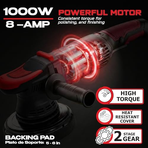 LAUCO Gear Driven Orbital Polisher 1000W with 6-Inch Backing Pad, 6-Speed Variable Control, High Torque Dual Action Polisher for Car Detailing, Paint Correction, Waxing, Buffing & Polishing LP1000