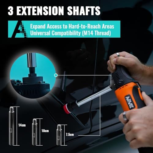 AUTIWOZ Mini Buffer Polisher, Rotary Car Buffer and Polisher Kit 6 Speeds, 1" /2" /3" Base Pads M14 Thread Extension Shaft for Car Boat Sanding Polishing and Waxing, W03