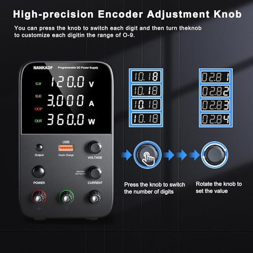 DC Power Supply Variable, Bench Power Supply with Encoder Adjustment Knob, Output Enable/Disable Button, Adjustable Power Supplies with USB Quick-Charge, Short Circuit Alam (120V 3A Black)