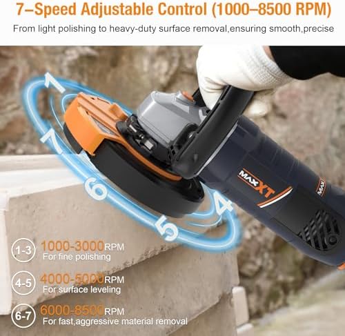 MAXXT 5 Inch Concrete Surfacing Grinder, 1500W 14A Motor, 7 Adjustable Speed Angle Grinder Kit with Diamond Disc, Removable Guard, Concrete Sander for Polishing and Grinder Stone Cement Marble Granite