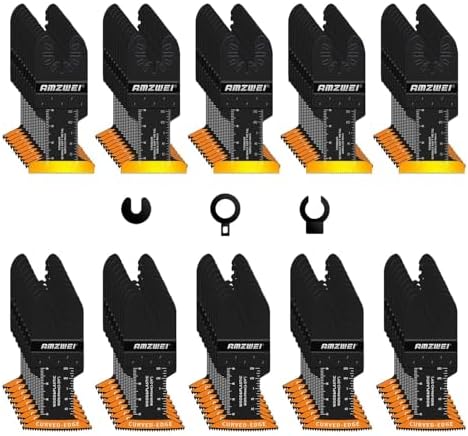 AMZWEI 100PCS Oscillating Tool Blades, Titanium & HCS Oscillating Saw Blades for Metal/Wood/Plastic Cutting, Curved Edge Multi Tool Blades Compatible with Dewalt, Milwaukee, Dremel, Ryobi, Rockwell