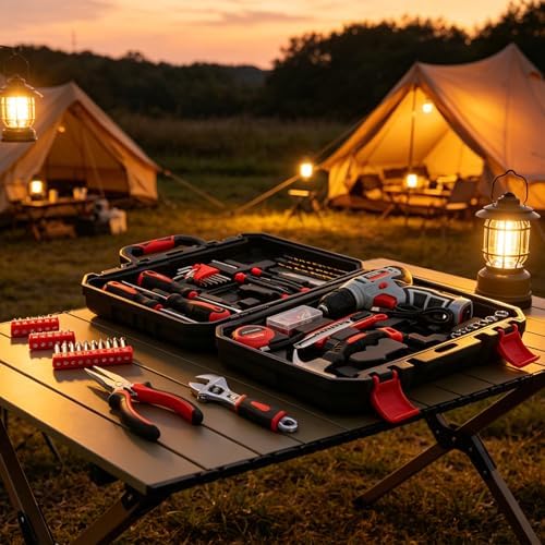 CARTMAN 150-Piece 8V Cordless Drill Hand Tool Set, Red Household Repair Kit