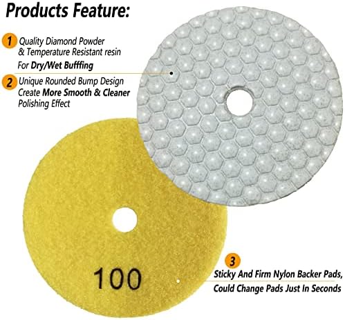 16 Packs Dry Diamond Polishing Pads Grit 100, 4 Inch Dry/Wet Granite Sanding Pad for Bufffing Marble Quartz Concrete Stone Tiles Used for Grinder Polisher Drill