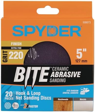 Spyder 20-Pack 220 Grit Sanding Discs, Ceramic Net, 5-Inch Hook and Loop, for Random Orbital Sander (500073)