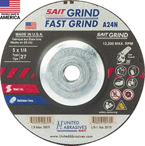 United Abrasives-SAIT 20170 A24N Fast Grinding Wheel 5" x 1/4" x 5/8-11" Type 27 with Super-Lock™ Hub, 10 Pack