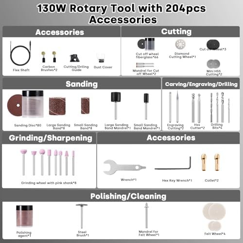 Enventor Rotary Tool with 204-Piece Accessory Kit, 130 W, Corded