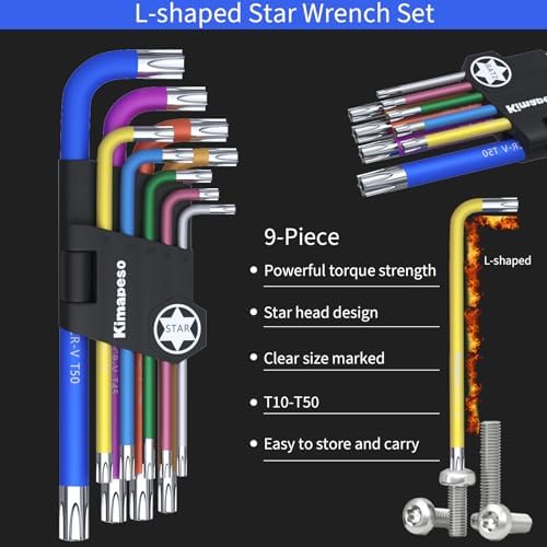 9 PCS Torx Allen Wrench Set Star Allen Key Tools Colored Star Key Set Precision Size Markings T10, T15, T20, T25, T27, T30, T40, T45, T50 for Bike and Household DIY Projects