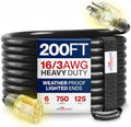 200ft Outdoor/Indoor Extension Cord 16/3 Gauge Heavy Duty 3 Prong SJTW, Waterproof, Flexible Cold-Resistant Long Power Cord,6 Amp 750W, Black by LifeSupplyUSA