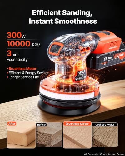 VEVOR 5-Inch Cordless Random Orbital Sander 300W Brushless Orbital Sander