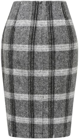 IDEALSANXUN Plaid Skirts for Women Fall Winter Knee Length Pencil Wool Skirt with Slit