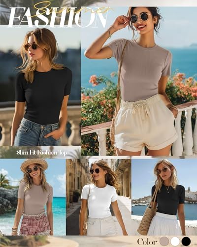 Ficerd 3 Pack Women's Ribbed Short Sleeve T-Shirts
