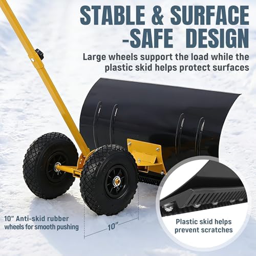 29" Push Snow Shovel with Wheels for Driveway, Heavy Duty Adjustable Angle Wheeled Snow Pusher Shovel, Metal Rolling Snow Pusher, Snow Plow Shovel on Wheels for Snow Removable