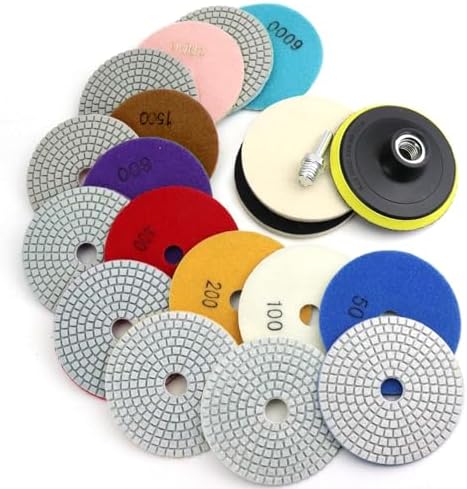 4 Inch Diamond Polishing Pads with 5/8’’-11 Backer Pad, 12PCS Wet/Dry Granite Stone Polish Pad Kit for Drill, Grinder, Polisher, 50-6000 Grit Polishing Pad for Concrete Marble Rock Countertop Quartz