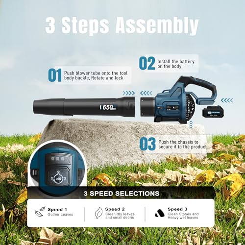 LOSART Leaf Blower Cordless, 650CFM & 3 Speed Levels, Electric Cordless Leaf Blower with 2x5.0Ah Battery Powered, Blowers for Lawn Care, Yard, Blowing Leaves, Dust, Snow(Blue)