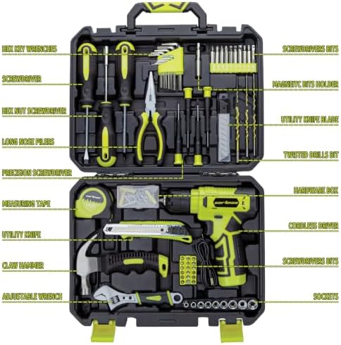 CARTMAN 150PCS 8V Cordless Drill Hand Tool Set, Green Household Repair Kit