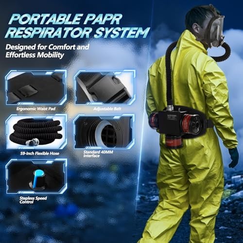 HANUU High-Efficiency PAPR Respirator System: Powered Air Purifying Respirators with 3Pcs 40mm Gas Mask Filters Portable Supplied Air Respirator for Welding Spray Painting Chemical Large Air Volume
