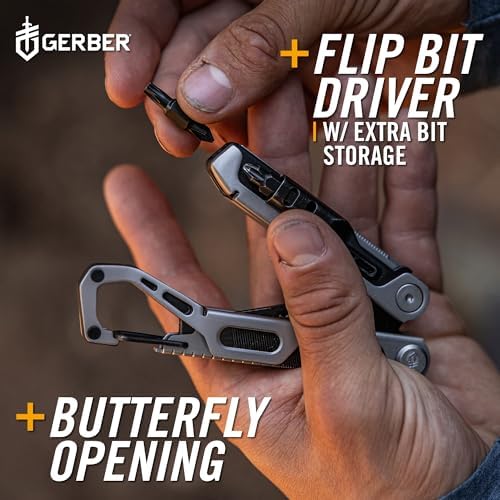 Gerber Gear Stakeout Drive - 10-in-1 Butterfly-Opening Multitool with Needlenose Pliers, Oversized Flip Bit Driver, Plain Edge Blade, Chisel, Bottle Opener, Pocket Clip & Carabiner Carry - Black