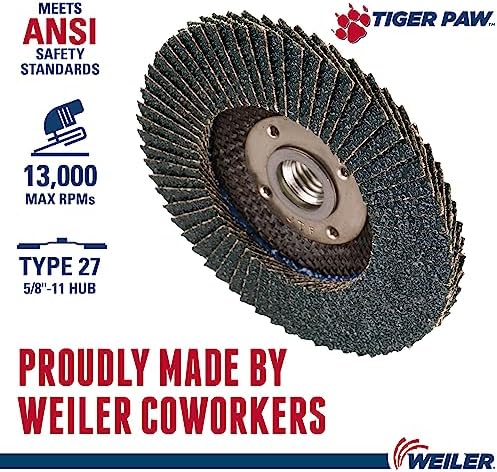 Weiler 51113 4-1/2" Tiger Paw Abrasive Flap Disc, Flat (Ty27), Phenolic Backing, 40Z, 5/8"-11 Unc Nut (Pack of 10)