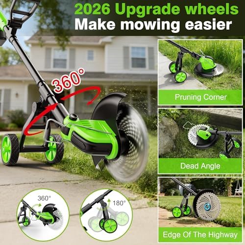 Kihoplly 12" Stringless Weed Wacker Cordless Eater, 21V 6000mAh Battery Powered Trimmer Edger Lawn Tool, 20000 RPM Powerful Electric Wheeled Lawn Edger with Blades, Foldable& Lightweight Brush Cutter