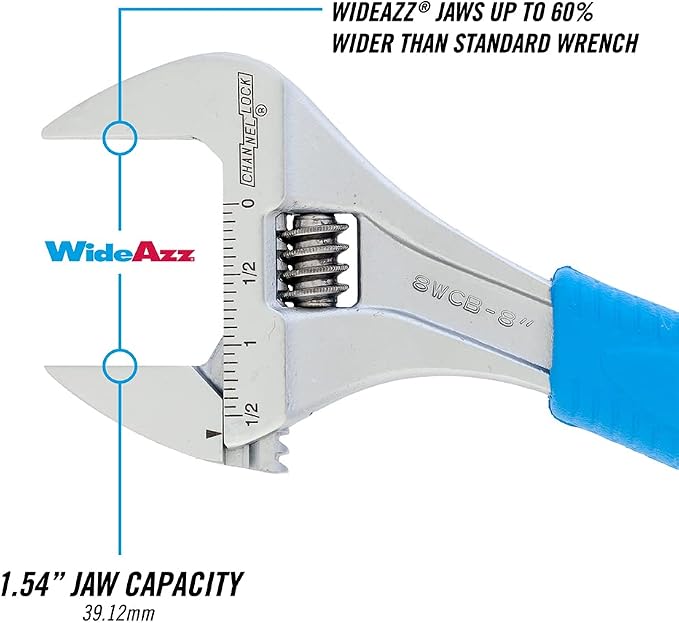 Channellock Adjustable Wrench 8WCB - Wide Jaw, 1-1/2 In. Capacity - 8-Inch