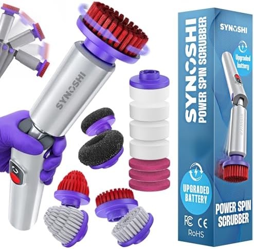Synoshi PRO Electric Spin Scrubber with Magic Sponge, Cone Round and Steel Brushes