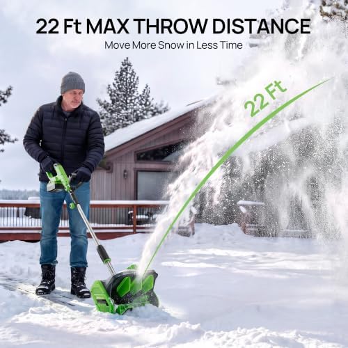Vibekio 20V Cordless Snow Shovel, 12-Inch Brushless Snow Blower, Electric Snow Shovel with ±30° Adjustable Plate, 22 FT Snow Throw, 20V 4.0Ah Battery, 25-Min Runtime for Driveway, Patio, Deck